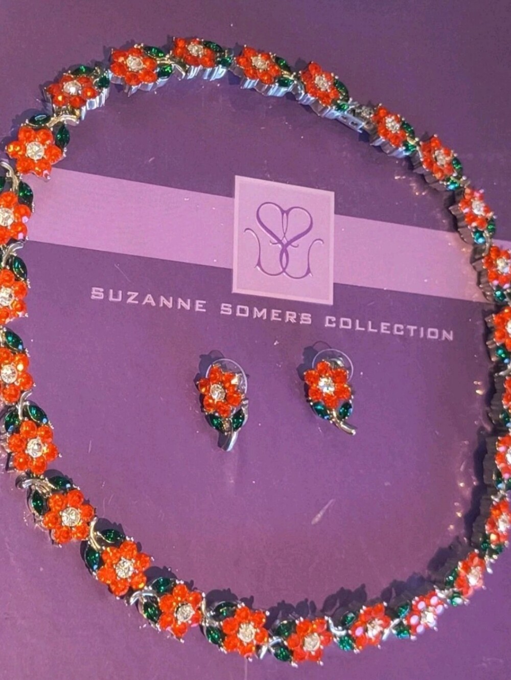 Suzanne Somers Poinsettia/ Christmas Holly 18" statement necklace Earring Set